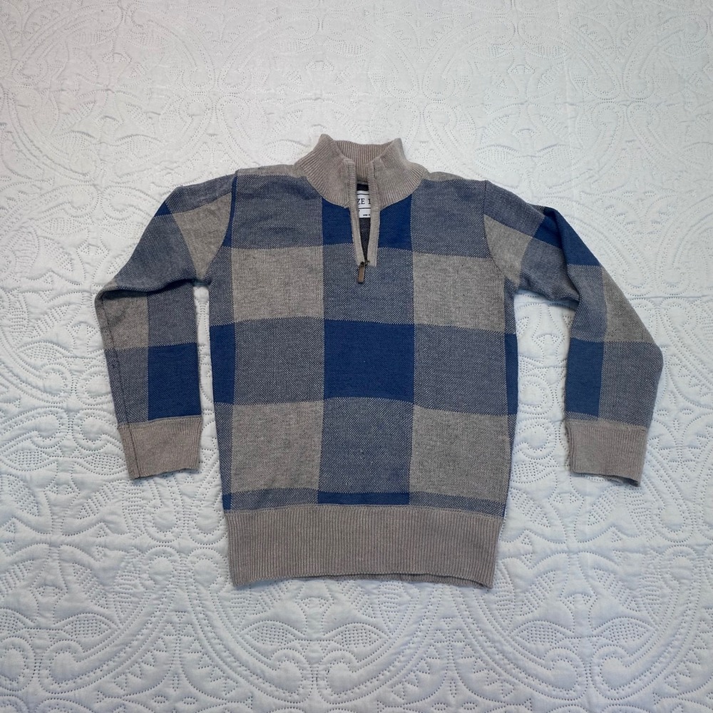 Faze 1 Boys Blue Tan Buffalo Plaid Quarter Zip Sweater Size 7 Mock Neck Knit